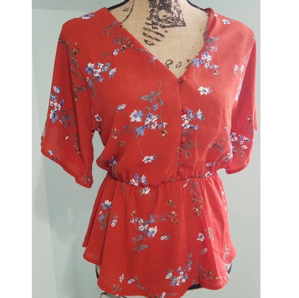 Red Floral Peplum Blouse